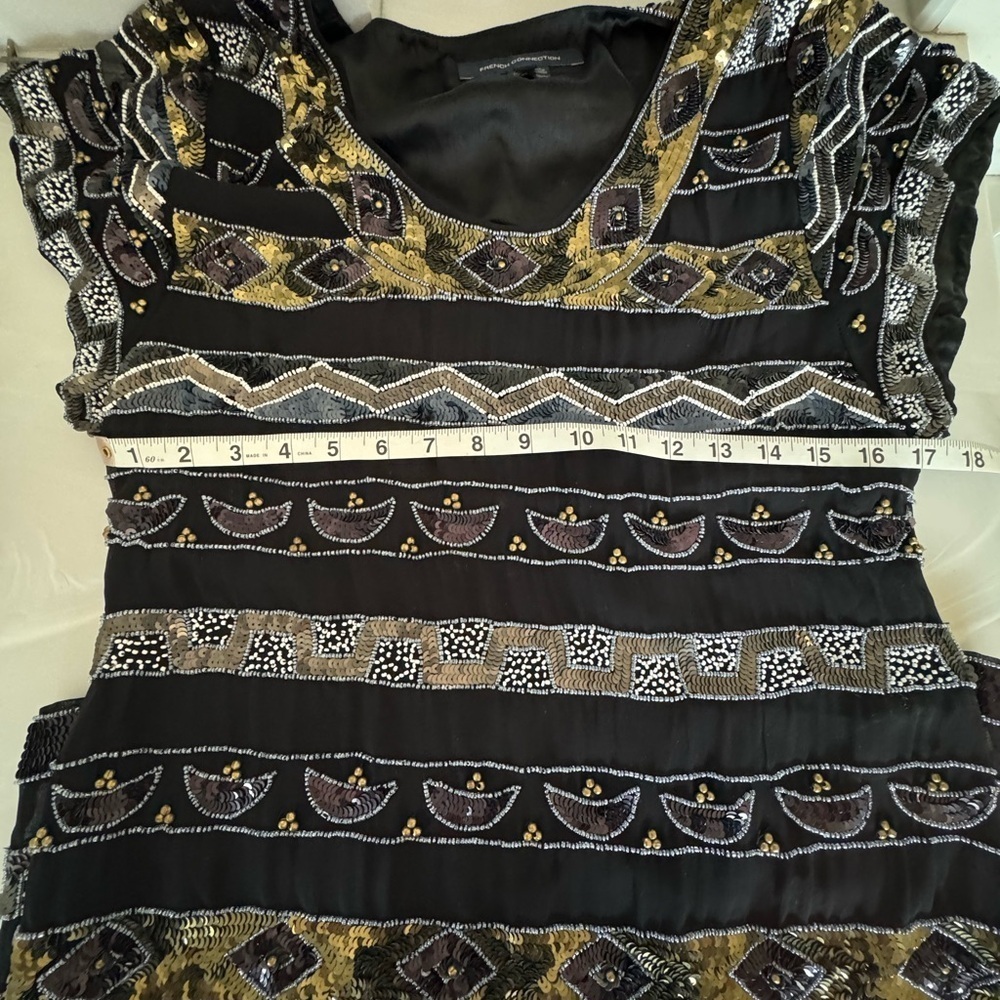 French Connection Black and Gold Sheath Mini Dress with Bateau Neckline - Picture 6 of 8
